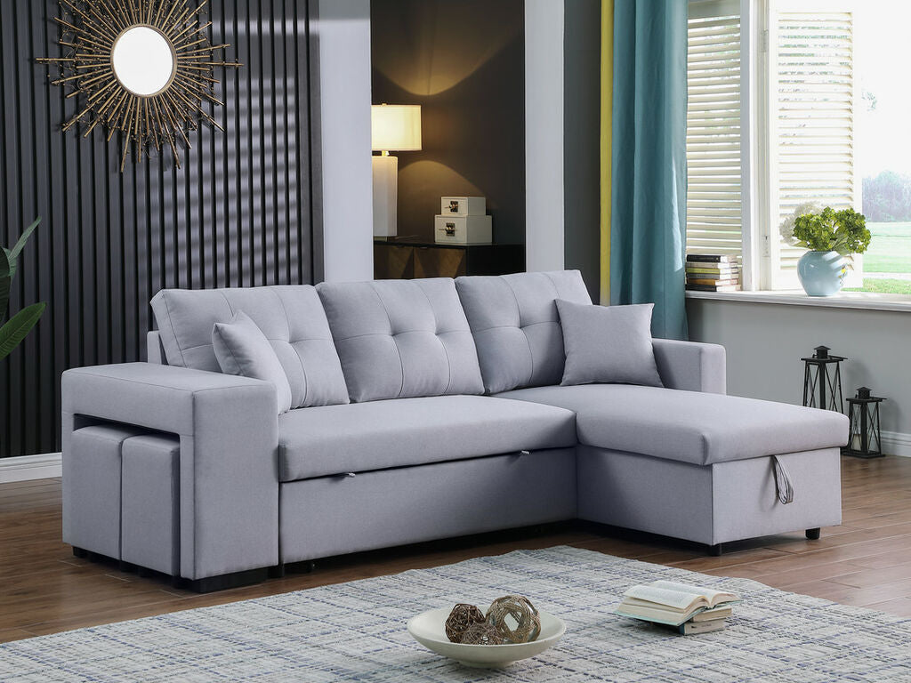 81366 Dennis light grey linen like fabric convertible pop up sleep area and reversible pop up storage chaise sectional sofa with ottomans