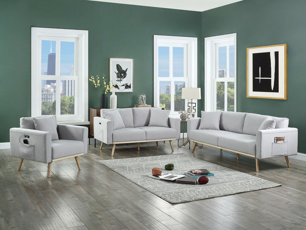 81370-LG 2 pc Easton light grey linen fabric sofa and love seat set with wood frame accents and USB charging