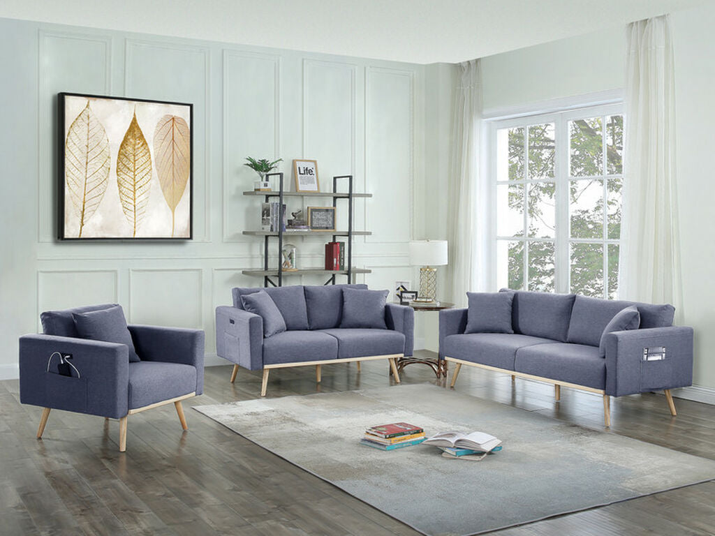 81370 2 pc Easton dark grey linen fabric sofa and love seat set with wood frame accents and USB charging