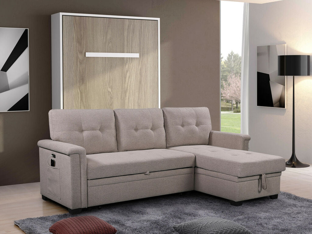 81380 Ashlyn light grey linen like fabric convertible pop up sleep area and reversible pop up storage chaise USB ports sectional sofa