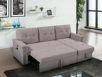81380 Ashlyn light grey linen like fabric convertible pop up sleep area and reversible pop up storage chaise USB ports sectional sofa