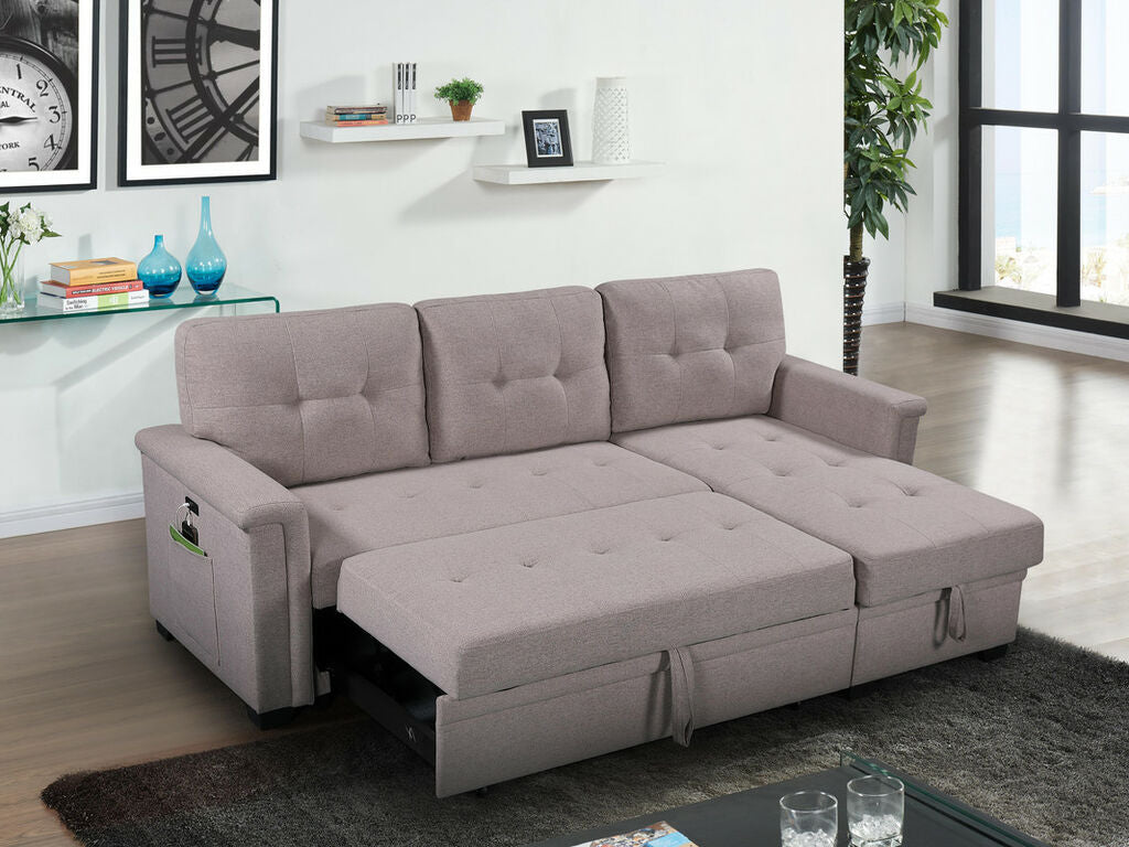 81380 Ashlyn light grey linen like fabric convertible pop up sleep area and reversible pop up storage chaise USB ports sectional sofa