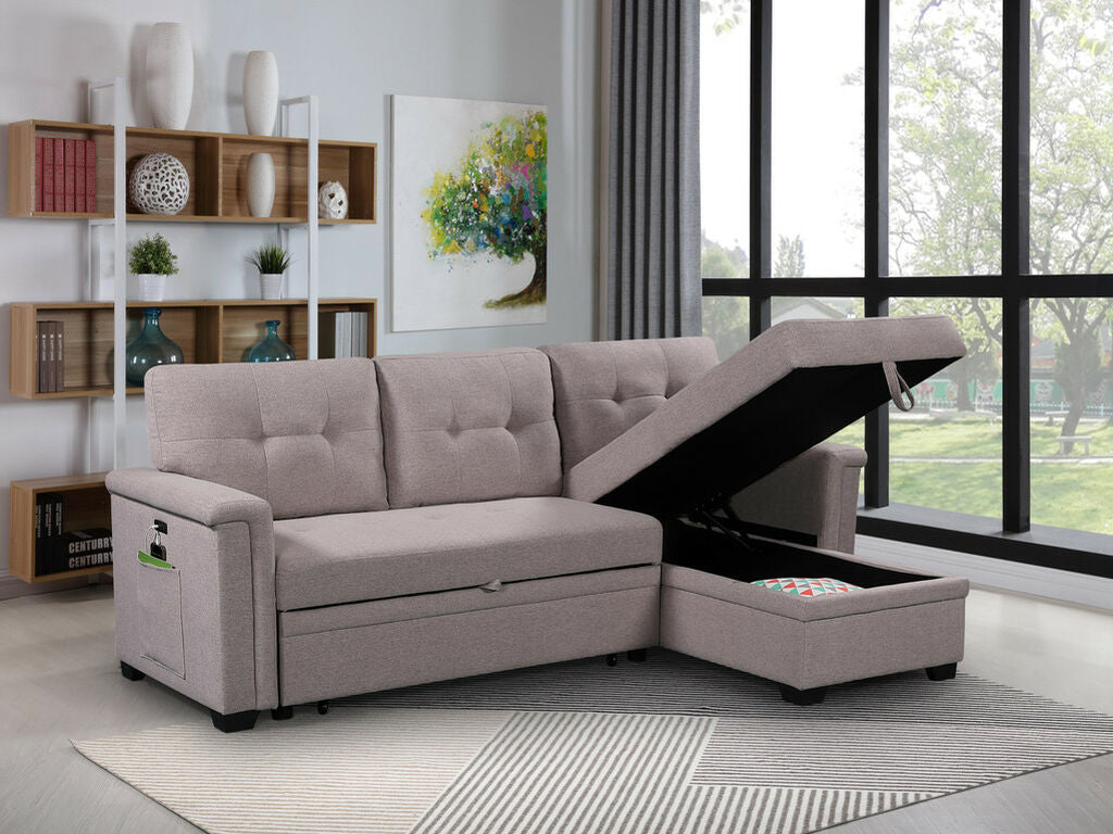 81380 Ashlyn light grey linen like fabric convertible pop up sleep area and reversible pop up storage chaise USB ports sectional sofa