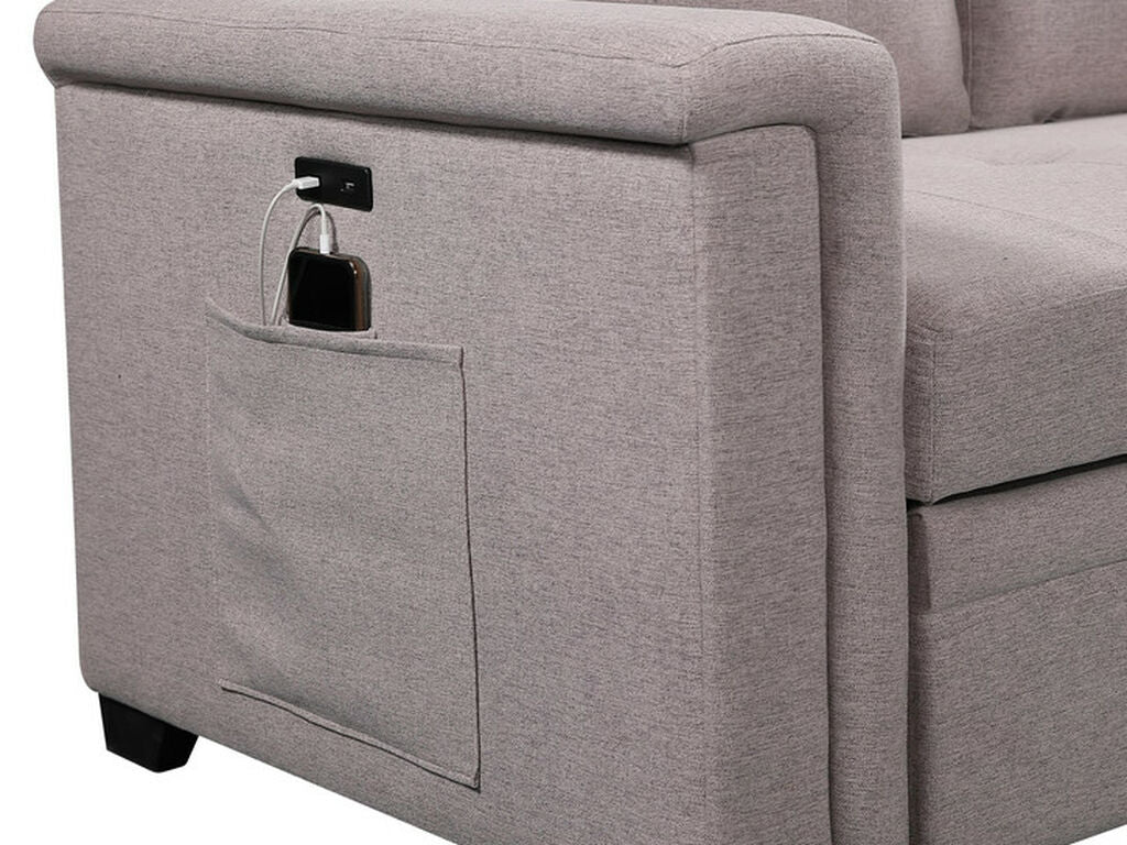 81380 Ashlyn light grey linen like fabric convertible pop up sleep area and reversible pop up storage chaise USB ports sectional sofa