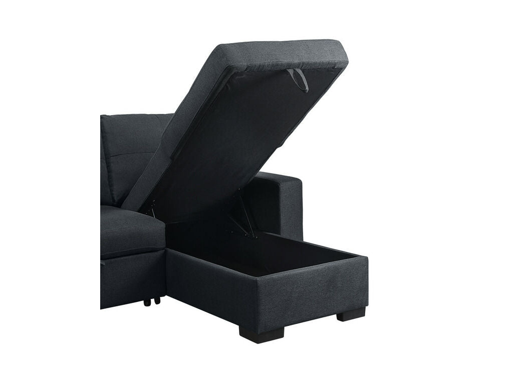 81394 Dennis dark grey linen like fabric convertible pop up sleep area and reversible pop up storage chaise sectional sofa with ottomans