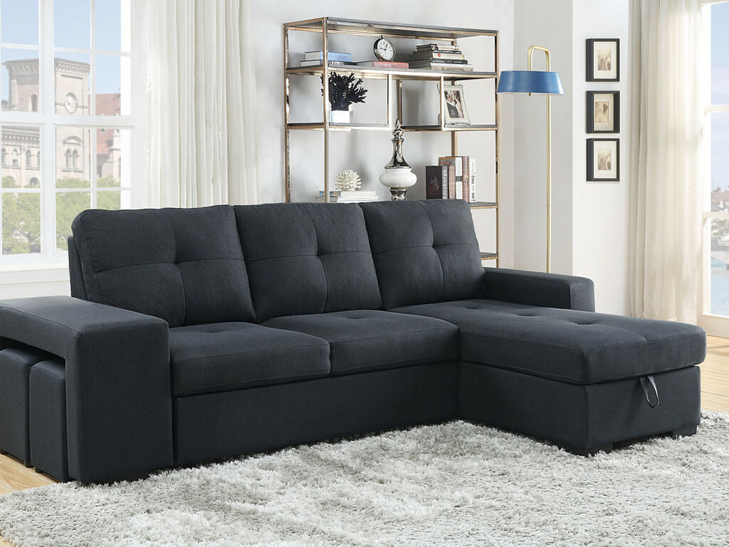 81394 Dennis dark grey linen like fabric convertible pop up sleep area and reversible pop up storage chaise sectional sofa with ottomans