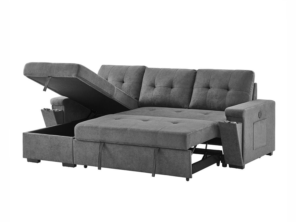 81395GY Toby Grey Woven Fabric Convertible Sectional Sofa with Pop-Up Sleep Area, Storage Chaise & USB Charging