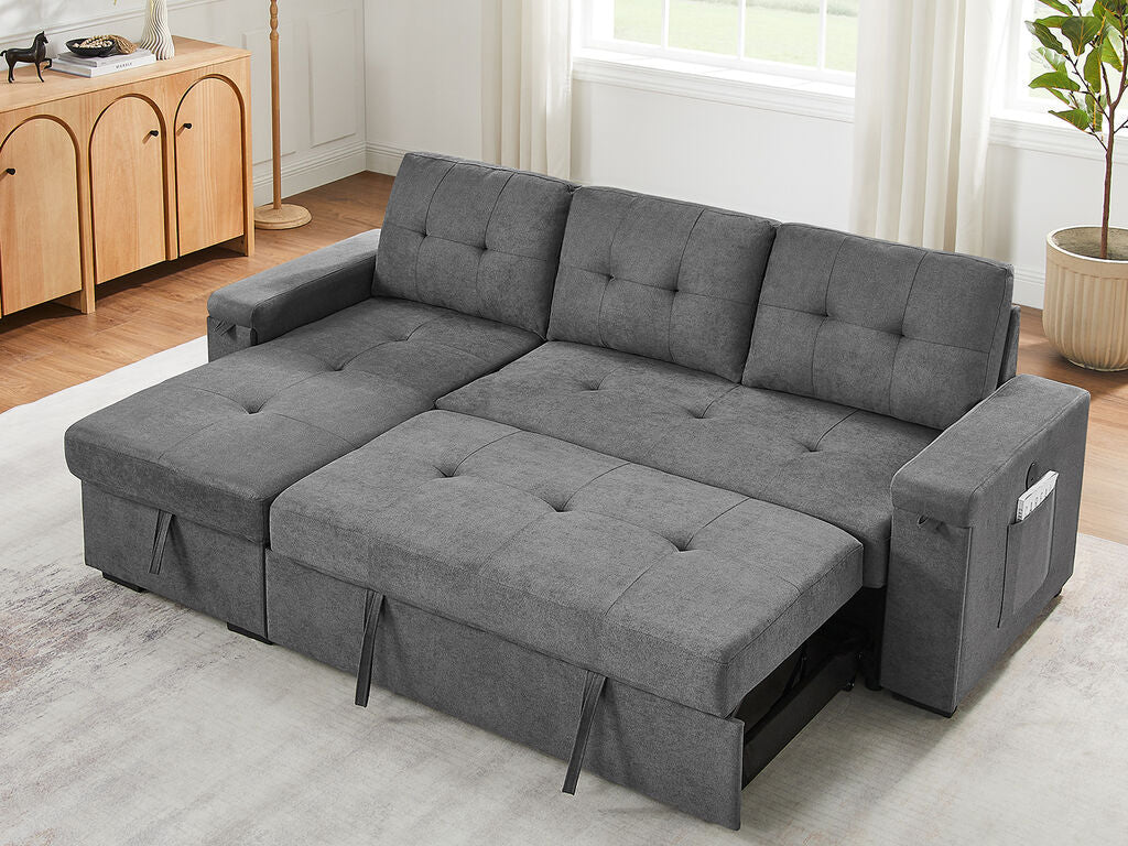 81395GY Toby Grey Woven Fabric Convertible Sectional Sofa with Pop-Up Sleep Area, Storage Chaise & USB Charging