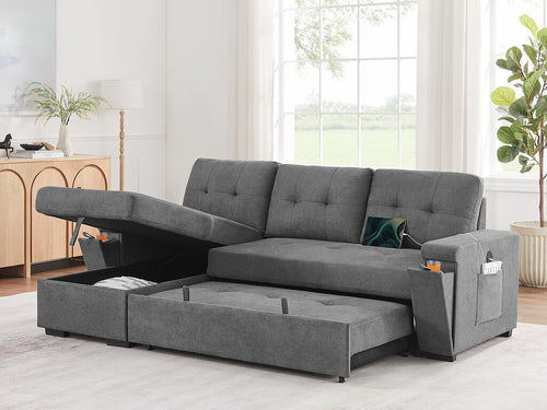 81395GY Toby Grey Woven Fabric Convertible Sectional Sofa with Pop-Up Sleep Area, Storage Chaise & USB Charging