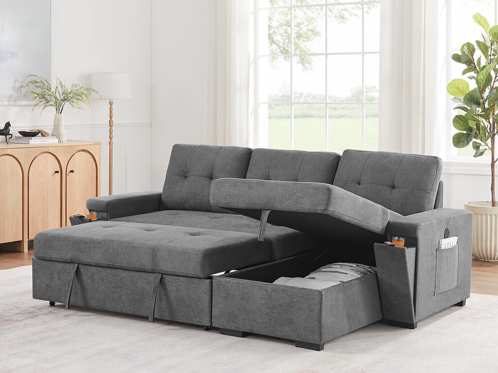 81395GY Toby Grey Woven Fabric Convertible Sectional Sofa with Pop-Up Sleep Area, Storage Chaise & USB Charging