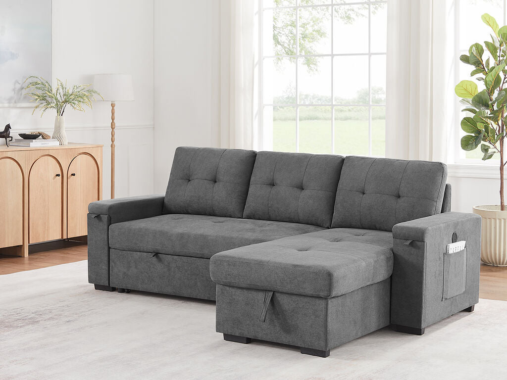81395GY Toby Grey Woven Fabric Convertible Sectional Sofa with Pop-Up Sleep Area, Storage Chaise & USB Charging