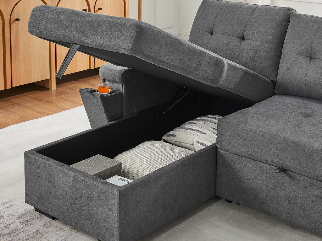 81395GY Toby Grey Woven Fabric Convertible Sectional Sofa with Pop-Up Sleep Area, Storage Chaise & USB Charging