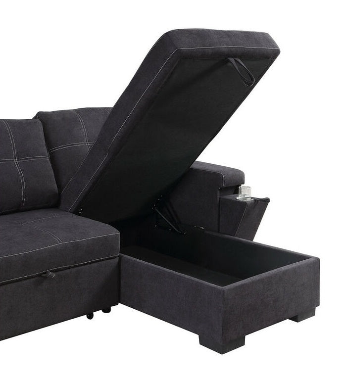 81395BK Toby black woven fabric convertible pop up sleep area and reversible pop up storage chaise USB ports sectional sofa