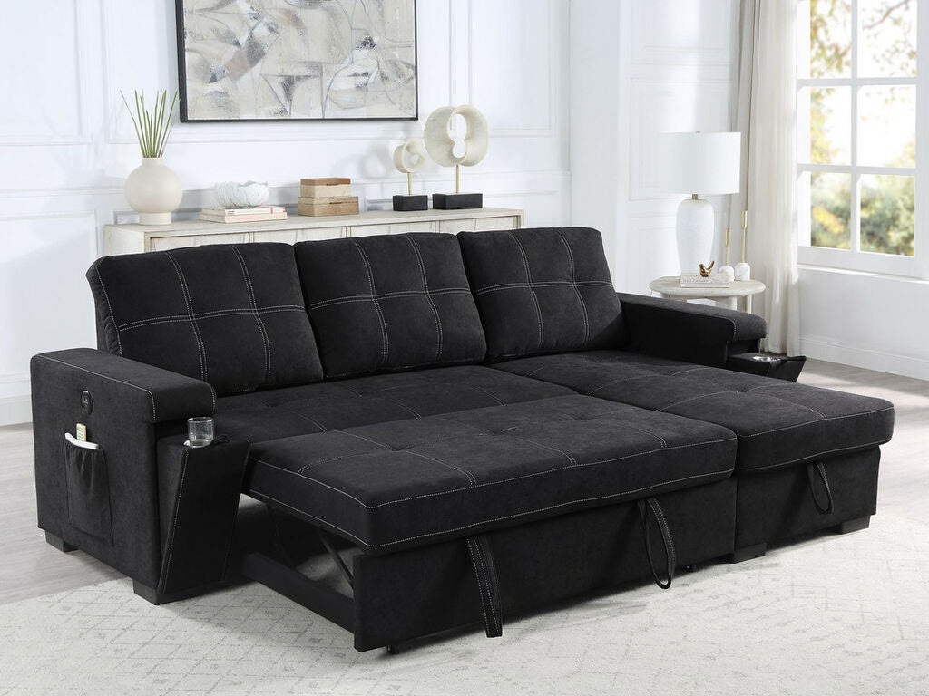 81395BK Toby black woven fabric convertible pop up sleep area and reversible pop up storage chaise USB ports sectional sofa