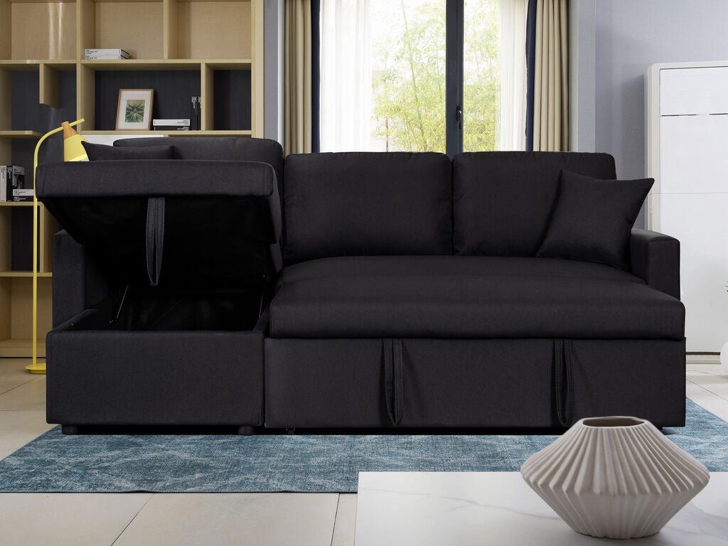 81410BK Paisley black linen like fabric convertible pop up sleep area and reversible pop up storage chaise sectional sofa