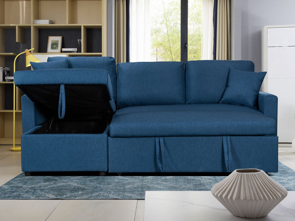 81410BU Paisley blue linen like fabric convertible pop up sleep area and reversible pop up storage chaise sectional sofa