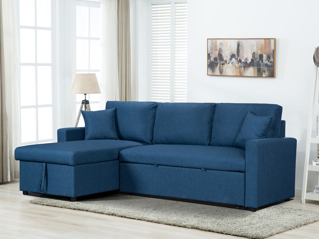 81410BU Paisley blue linen like fabric convertible pop up sleep area and reversible pop up storage chaise sectional sofa