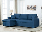 81410BU Paisley blue linen like fabric convertible pop up sleep area and reversible pop up storage chaise sectional sofa