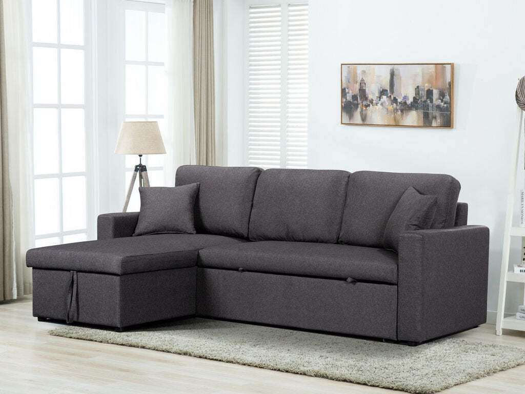 81410DG Paisley dark grey linen like fabric convertible pop up sleep area and reversible pop up storage chaise sectional sofa