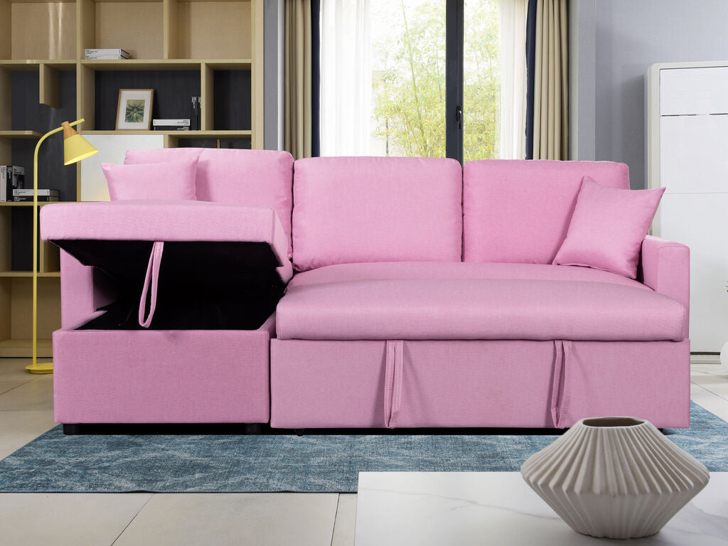 81410PK Paisley pink linen like fabric convertible pop up sleep area and reversible pop up storage chaise sectional sofa