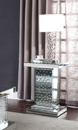 Acme 81412 Glam nysa mirrored accents and faux crystals pedestal end table plant stand with square glass top