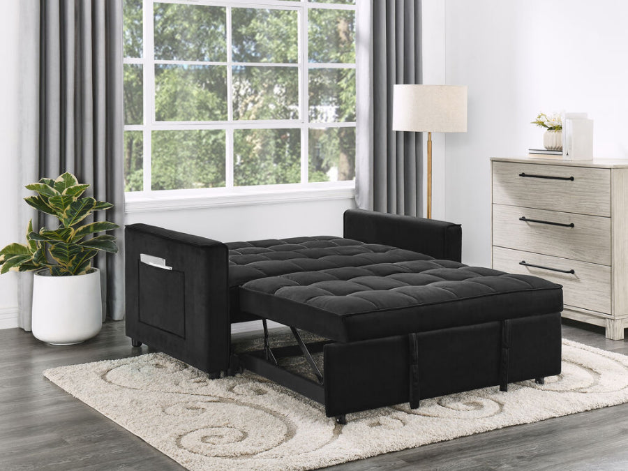 81418 Maeve black velvet fabric 53.5" pop up sleep area fold down back love seat sleeper sofa