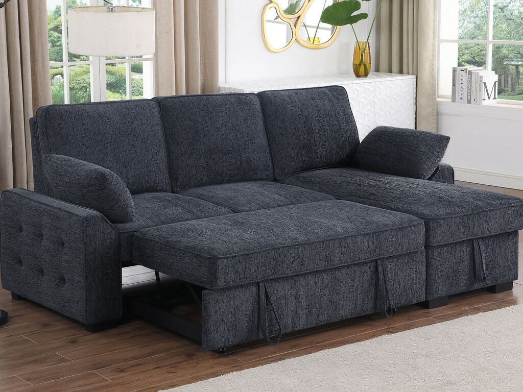 81440 Mackenzie dark grey chenille fabric convertible pop up sleep area reversible pop up storage chaise USB sectional sofa