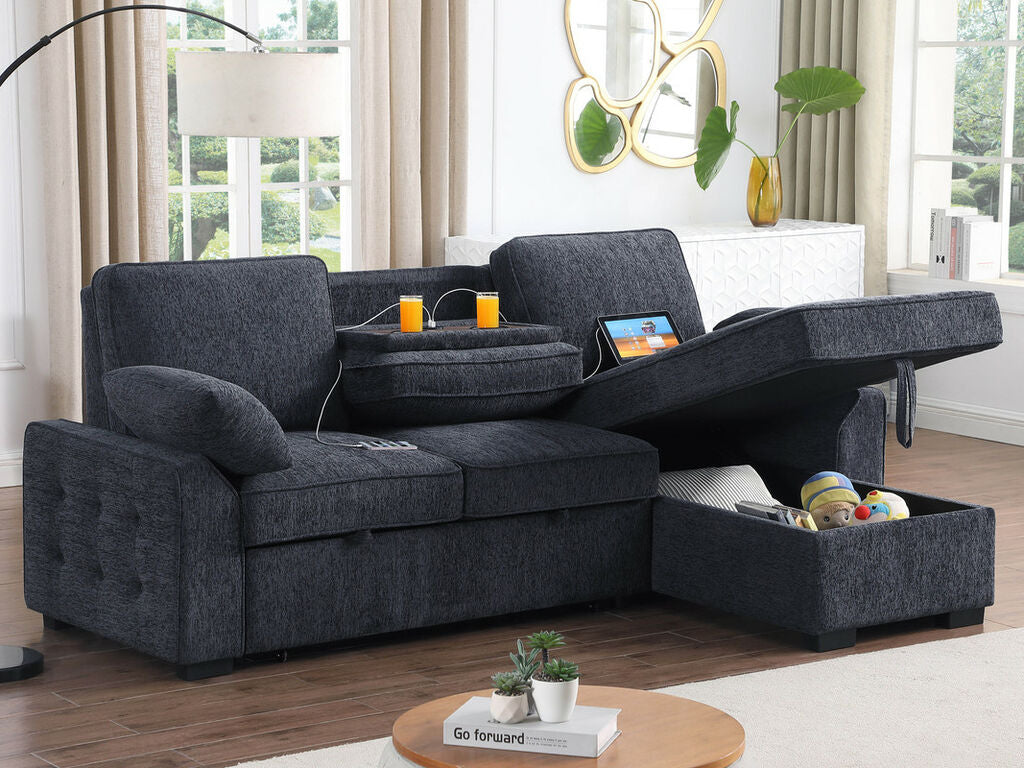 81440 Mackenzie dark grey chenille fabric convertible pop up sleep area reversible pop up storage chaise USB sectional sofa
