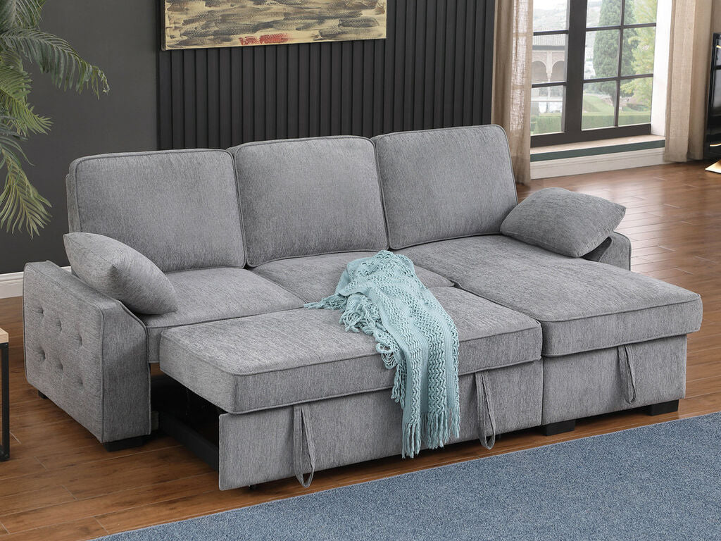 81441 Mackenzie Light Grey Chenille Fabric Convertible Sectional Sofa with Pop-Up Sleep Area, Storage Chaise & USB Charging