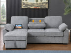 81441 Mackenzie Light Grey Chenille Fabric Convertible Sectional Sofa with Pop-Up Sleep Area, Storage Chaise & USB Charging