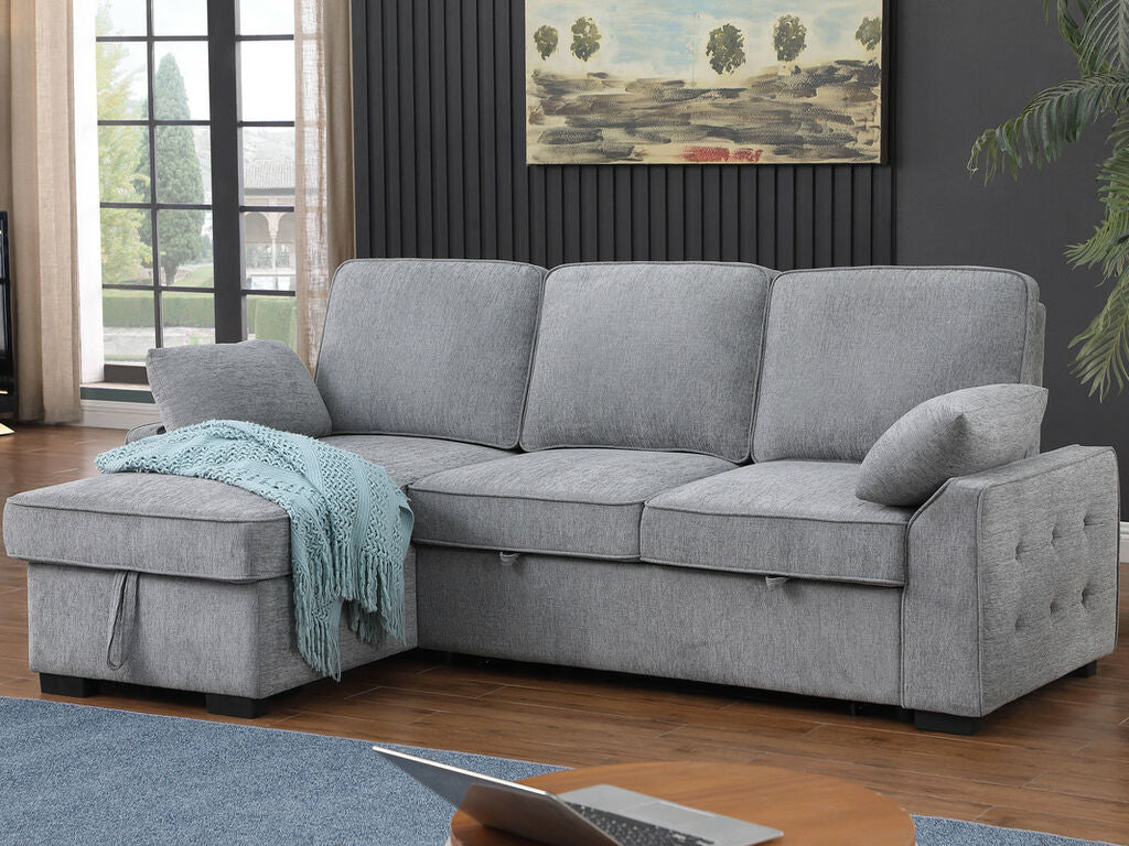 81441 Mackenzie Light Grey Chenille Fabric Convertible Sectional Sofa with Pop-Up Sleep Area, Storage Chaise & USB Charging