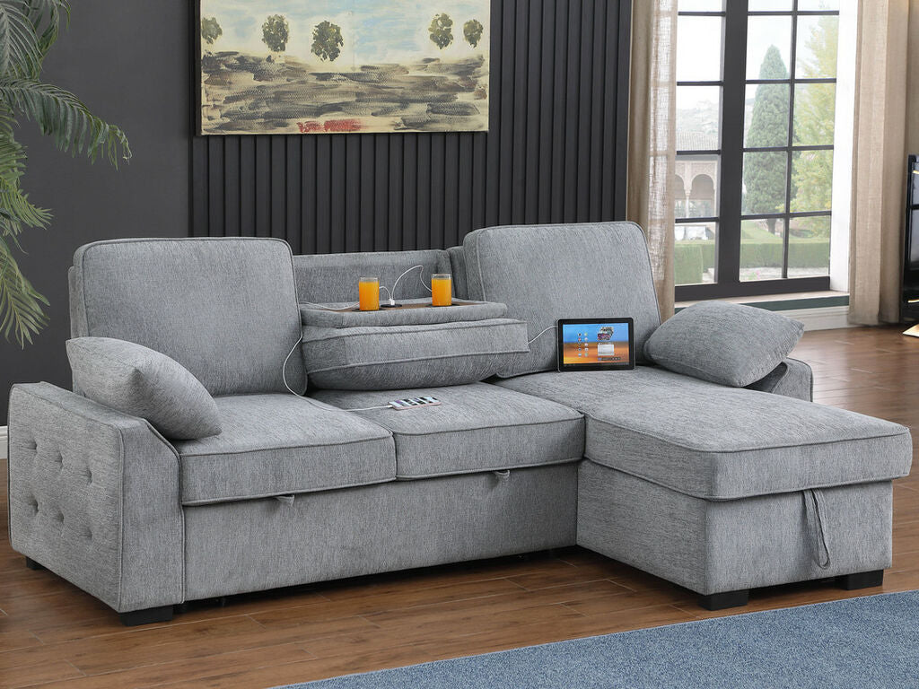 81441 Mackenzie Light Grey Chenille Fabric Convertible Sectional Sofa with Pop-Up Sleep Area, Storage Chaise & USB Charging
