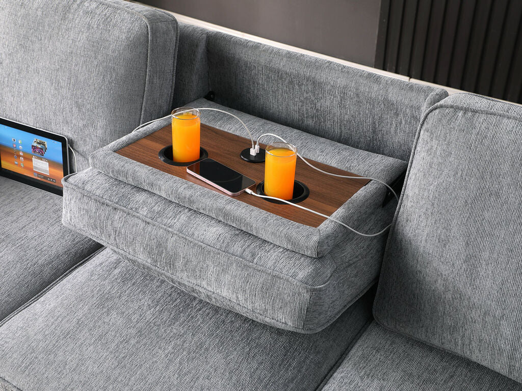 81441 Mackenzie Light Grey Chenille Fabric Convertible Sectional Sofa with Pop-Up Sleep Area, Storage Chaise & USB Charging