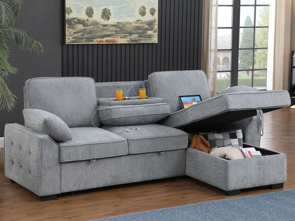 A81441 Mackenzie light grey chenille fabric convertible pop up sleep area reversible pop up storage chaise USB sectional sofa