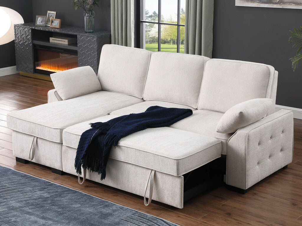 81442 Mackenzie Beige Chenille Fabric Convertible Sectional Sofa with Pop-Up Sleep Area, Storage Chaise & USB Charging