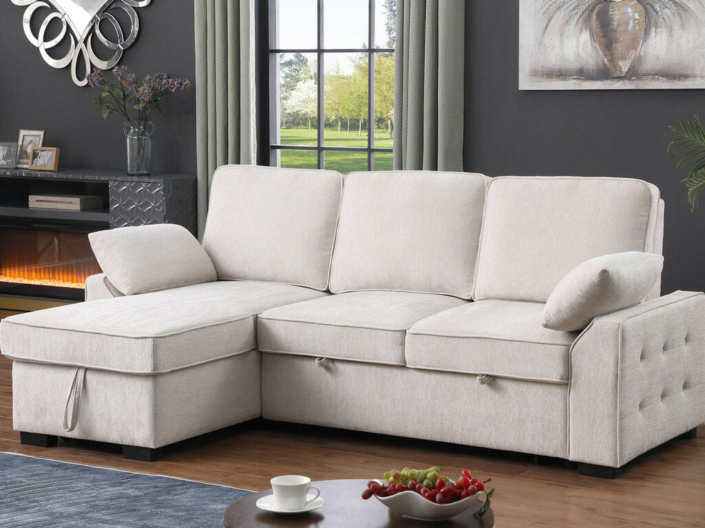 81442 Mackenzie Beige Chenille Fabric Convertible Sectional Sofa with Pop-Up Sleep Area, Storage Chaise & USB Charging