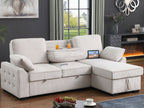 81442 Mackenzie Beige Chenille Fabric Convertible Sectional Sofa with Pop-Up Sleep Area, Storage Chaise & USB Charging