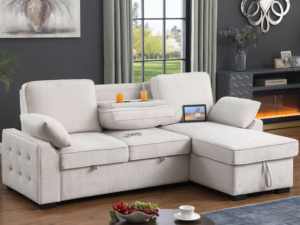 81442 Mackenzie Beige Chenille Fabric Convertible Sectional Sofa with Pop-Up Sleep Area, Storage Chaise & USB Charging