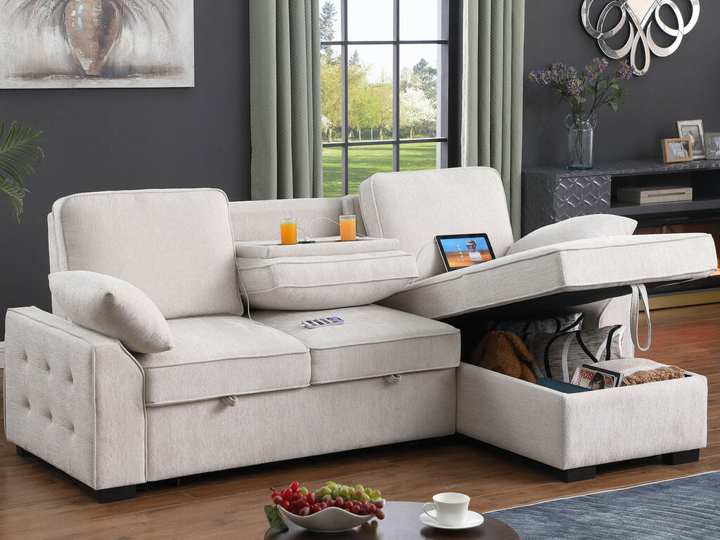 A81442 Mackenzie beige chenille fabric convertible pop up sleep area reversible pop up storage chaise USB sectional sofa