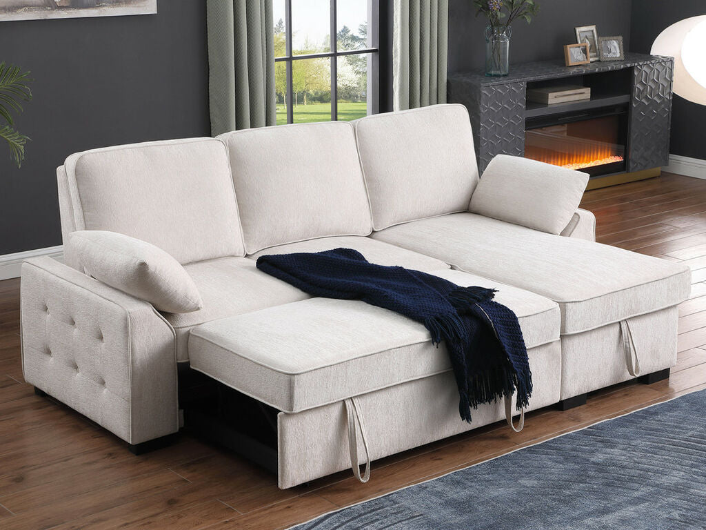 A81442 Mackenzie beige chenille fabric convertible pop up sleep area reversible pop up storage chaise USB sectional sofa