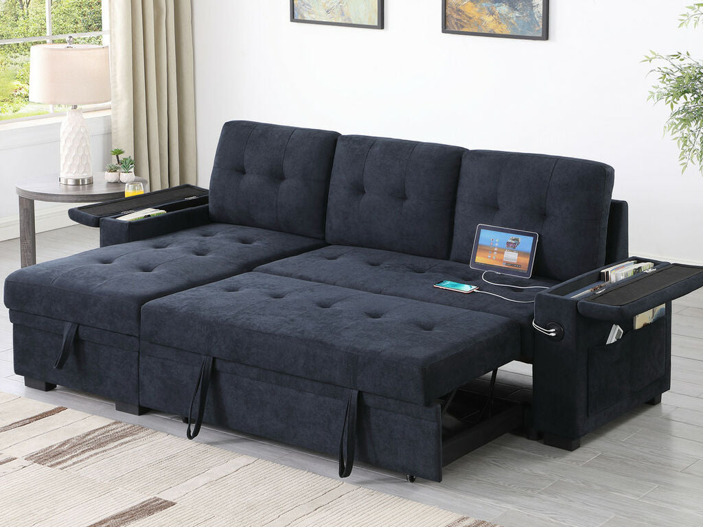 81445 Ashlyn dark grey chenille fabric convertible pop up sleep area reversible storage chaise USB sectional sofa