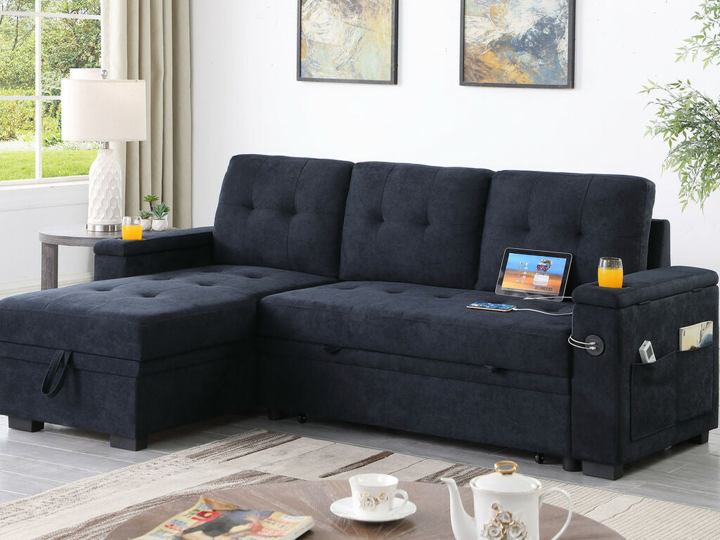 81445 Ashlyn dark grey chenille fabric convertible pop up sleep area reversible storage chaise USB sectional sofa
