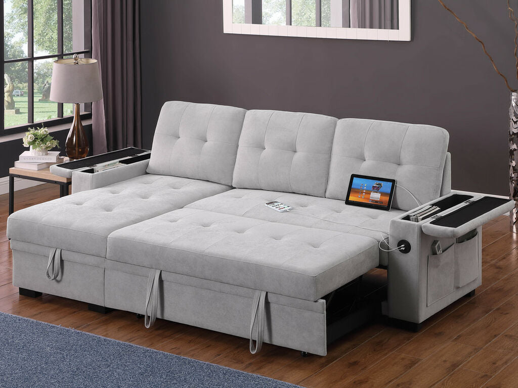 81446 Ashlyn light grey chenille fabric convertible pop up sleep area reversible storage chaise USB sectional sofa