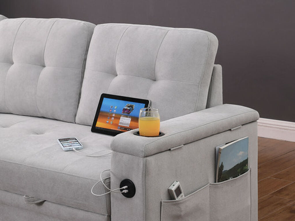 81446 Ashlyn light grey chenille fabric convertible pop up sleep area reversible storage chaise USB sectional sofa