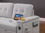 81446 Ashlyn light grey chenille fabric convertible pop up sleep area reversible storage chaise USB sectional sofa