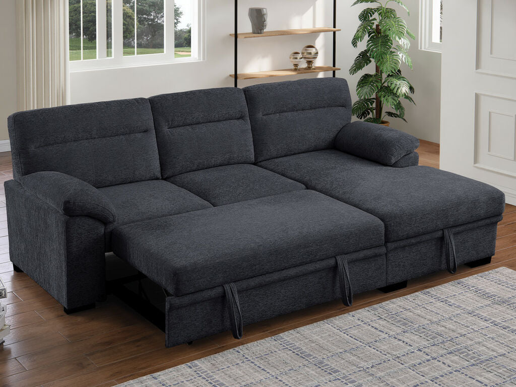 81455 Kipling II dark grey chenille fabric convertible pop up sleep area reversible pop up storage chaise USB sectional sofa