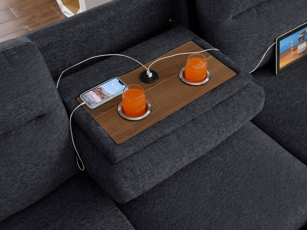 81455 Kipling II dark grey chenille fabric convertible pop up sleep area reversible pop up storage chaise USB sectional sofa