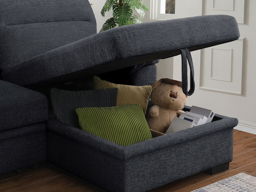81455 Kipling II dark grey chenille fabric convertible pop up sleep area reversible pop up storage chaise USB sectional sofa