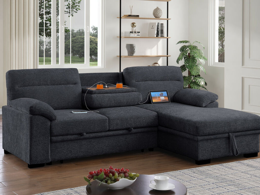 81455 Kipling II dark grey chenille fabric convertible pop up sleep area reversible pop up storage chaise USB sectional sofa