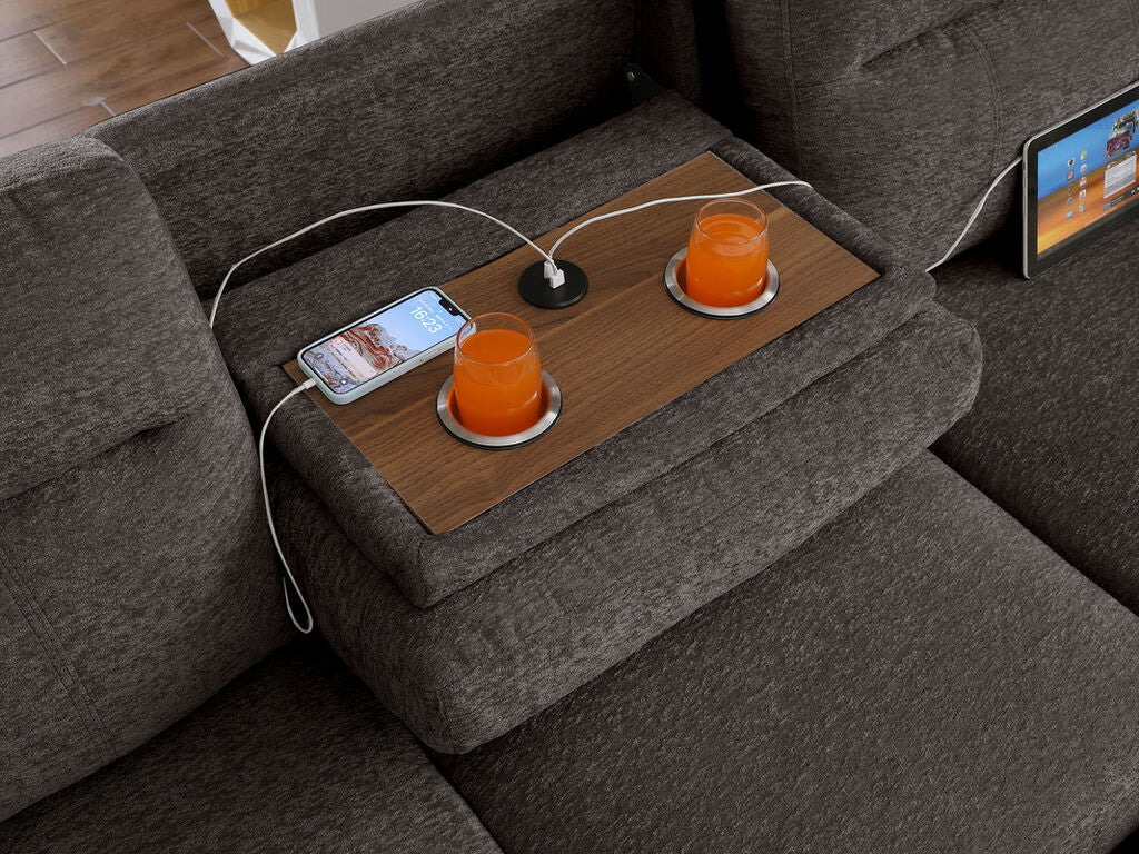 81456 Kipling II brown chenille fabric convertible pop up sleep area reversible pop up storage chaise USB sectional sofa